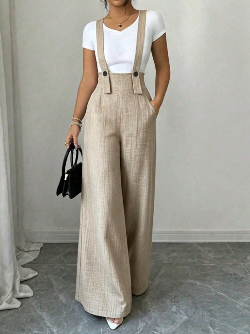 Khaki Casual Women's Button Pocket Loose Fit Jumpsuit